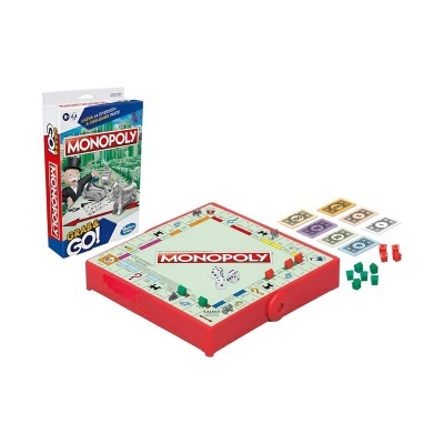 Jogo de tabuleiro Monopoly Grab & Go com tabuleiro, peças e dinheiro colorido e embalagem. 