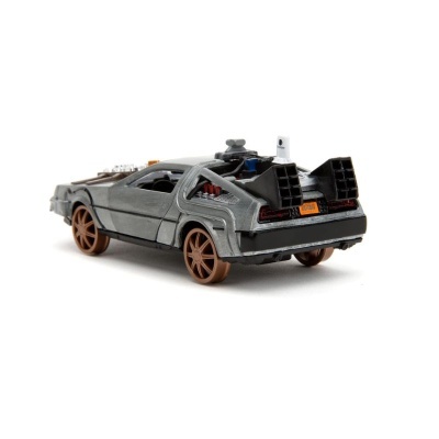 Miniatura de carro DeLorean cinzento prateado vista traseira