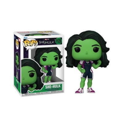 Figura Funko Pop! She-Hulk verde com roupa desportiva ao lado da caixa