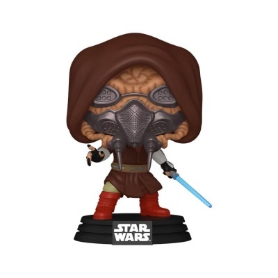 Figura colecionável Star Wars Funko Pop com capuz castanho e sabre de luz azul