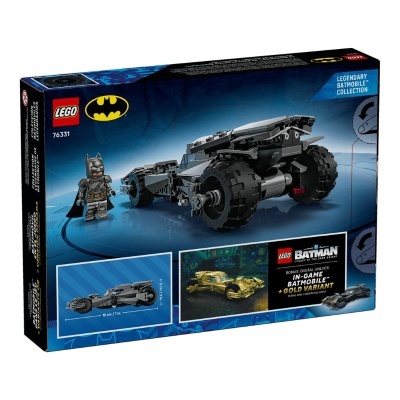 Caixa LEGO Batmobile preto com mini figura Batman e dimensões do veículo