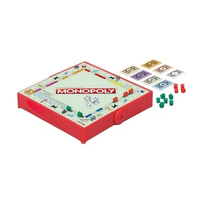 Jogo de tabuleiro Monopoly em plástico vermelho com fichas, dados e notas coloridas