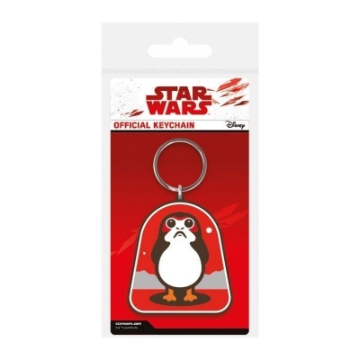 Porta-chaves oficial Star Wars com personagem Porg a cores e embalagem vermelha e branca.