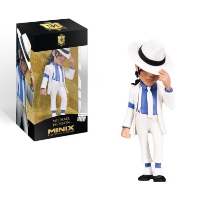 Figura colecionável Minix de Michael Jackson em fato branco com chapéu, e embalagem preta.