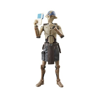 Figura de ação de robô com capacete azul segurando escova de dentes