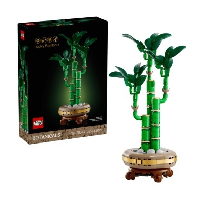 Conjunto LEGO Lucky Bamboo com 325 peças em vaso, embalagem preta com imagem do produto.
