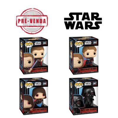 Miniaturas Funko Pop! Star Wars em caixas com personagens Anakin Skywalker e Darth Vader