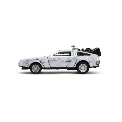 Miniatura de carro DeLorean cinzento com equipamento futurista
