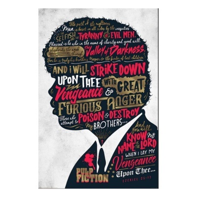 Pôster silhueta com texto colorido relacionado ao filme Pulp Fiction