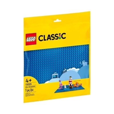 Embalagem amarela LEGO Classic com placa base azul e ilustrações de brinquedos construídos