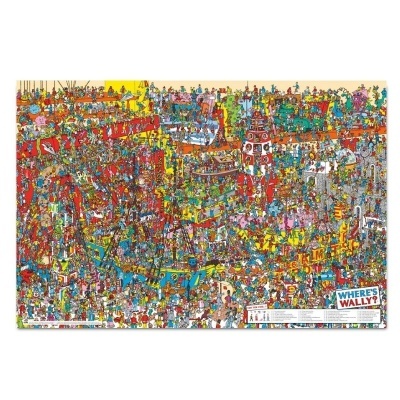 Puzzle colorido com muitas figuras pequenas e texto WHERE'S WALLY?