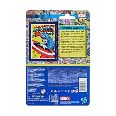Embalagem azul e colorida de brinquedo do Capitão América Marvel Legends com texto e informações na parte de trás