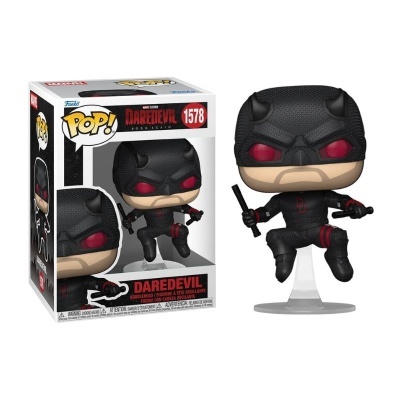 Figura Funko Pop! Daredevil com fato preto e olhos vermelhos, embalagem de cartão com janela