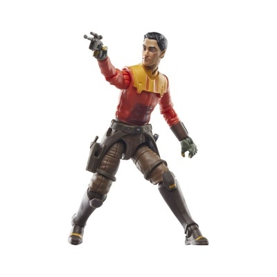Figura de ação de personagem masculino com fato vermelho, amarelo, calças castanhas e botas pretas a segurando arma.