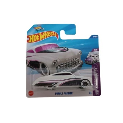 Carrinho Hot Wheels Purple Passion em embalagem azul com logo Hot Wheels