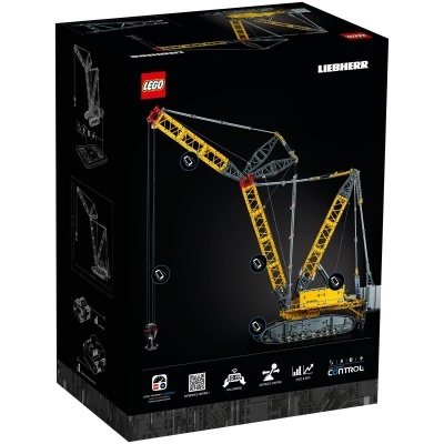 Caixa do produto LEGO com imagem de grua Liebherr preta e amarela