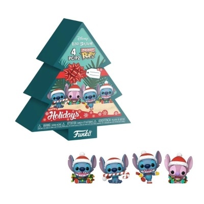 Conjunto Funko Pocket Pop! Stitch Disney Natal com 4 figuras em caixa formato árvore