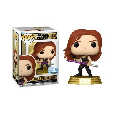 Figura Funko POP! Star Wars Mara Jade com sabre de luz roxo em base dourada e caixa