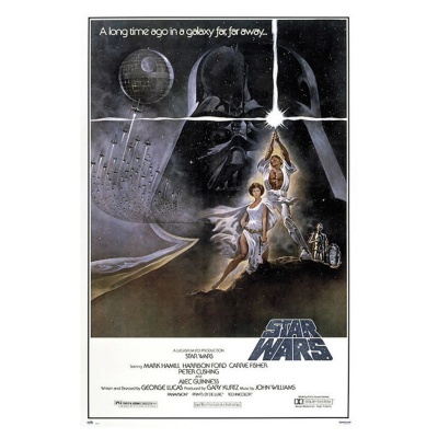Cartaz do filme Star Wars com personagens e texto