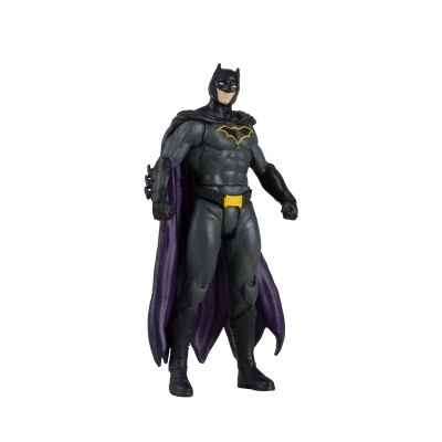 Figura de ação do Batman com capa roxa e símbolo amarelo no peito