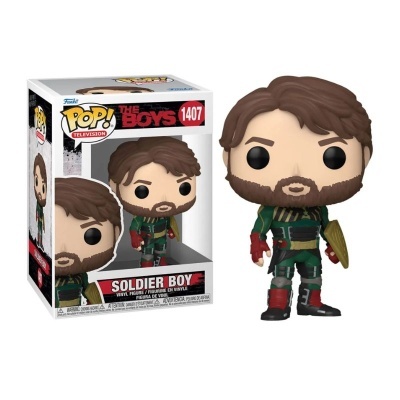 Figura Funko Pop! Soldier Boy da série The Boys com escudo dourado e roupa verde.