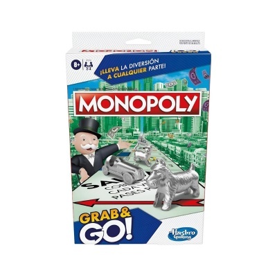 Caixa do jogo Monopoly portátil Grab & Go com peças metálicas e personagem do senhor do Monopoly