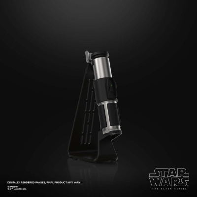 Microscópio digital com suporte sobre fundo preto e logotipo Star Wars
