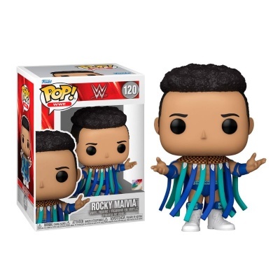 Figura Funko Pop WWE Rocky Mavia nº 120 com roupa azul e caixa