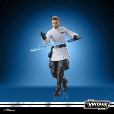 Figura de ação Star Wars com espada laser azul e uniforme branco e preto