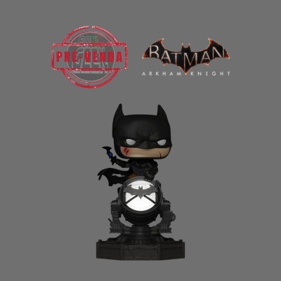 Figura Funko Pop do Batman com holofote e texto PRÉ-VENDA BATMAN ARKHAM KNIGHT