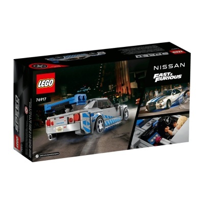 Caixa de LEGO Nissan Fast & Furious com carro cinza e azul e minifigure