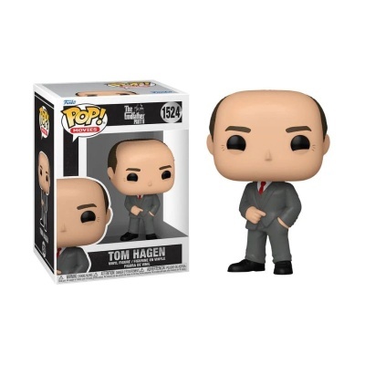 Funko Pop! Tom Hagen com roupa cinzenta e gravata vermelha, ao lado da caixa.