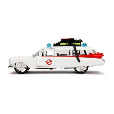 Miniatura carrinha branca Ecto-1 dos Ghostbusters com luzes azuis e logótipo