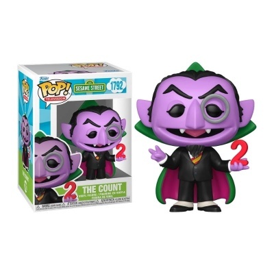 Figura Funko Pop! do personagem The Count de Sesame Street com traje preto e capa verde, segurando o número 2 vermelho, dentro da caixa original.