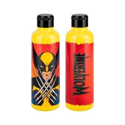 Duas garrafas amarelas com desenho e texto do Wolverine em vermelho.