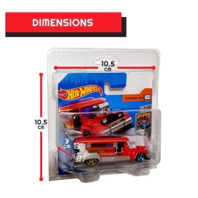 Carrinho Hot Wheels vermelho em embalagem com dimensões visíveis