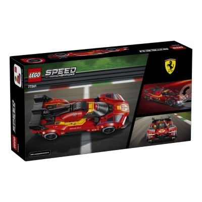 Caixa de Lego Speed Champions com modelo de carro de corrida vermelho com detalhes em amarelo e preto.