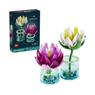 Conjunto LEGO flores de lótus brancas e roxas em vasos azuis