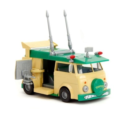 Brinquedo carrinha amarela e verde com antenas e portas abertas