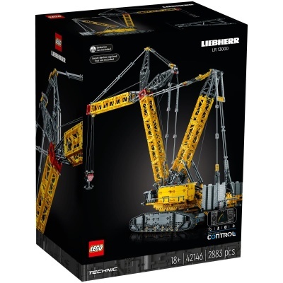 Caixa do conjunto LEGO Technic LIEBHERR LR 13000 com grua amarela e base cinzenta