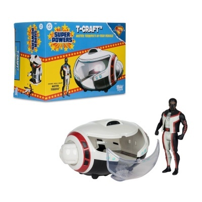 Brinquedo veículo tecnológico branco e vermelho com figura de ação Mister Terrific