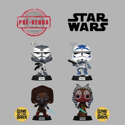 Quatro figuras Funko Pop Star Wars com selo Pré-Venda e indicação Glow in the Dark