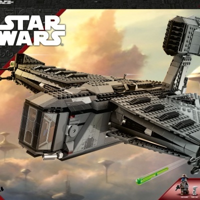 Caixa LEGO Star Wars The Justifier com espaçonave cinza e mini-figuras