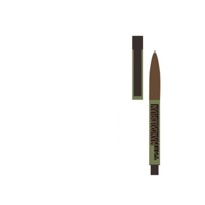 Caneta esferográfica castanha com texto 'NATURE WRITER PEN' e tampa verde e preta