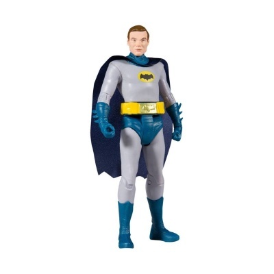 Figura de ação do Batman com fato cinzento, azul e amarelo