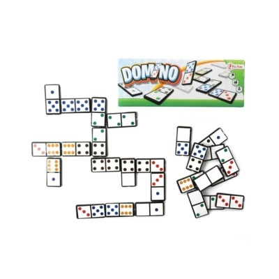 Jogo de dominó com peças brancas e pontos coloridos embalado numa caixa retangular