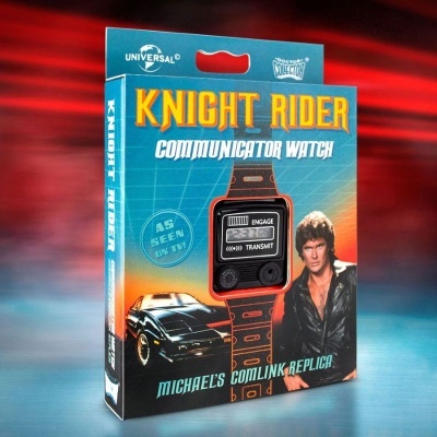 Embalagem do relógio Knight Rider Communicator Watch com imagem do produto, carro preto e pessoa