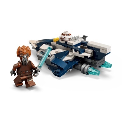 Conjunto LEGO de nave espacial e figura de caçador com sabre de luz azul