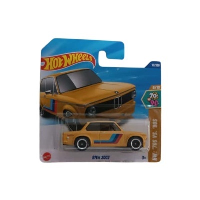 Carro de brinquedo Hot Wheels BMW 2002 amarelo em embalagem azul