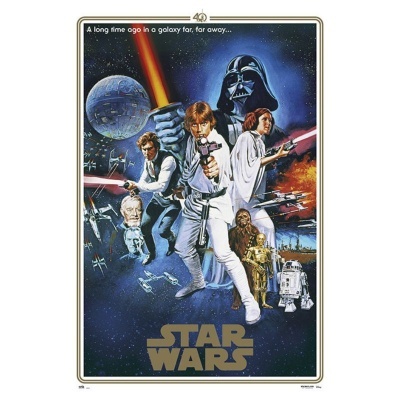 Pôster Star Wars com personagens principais em fundo espacial e texto icónico.
